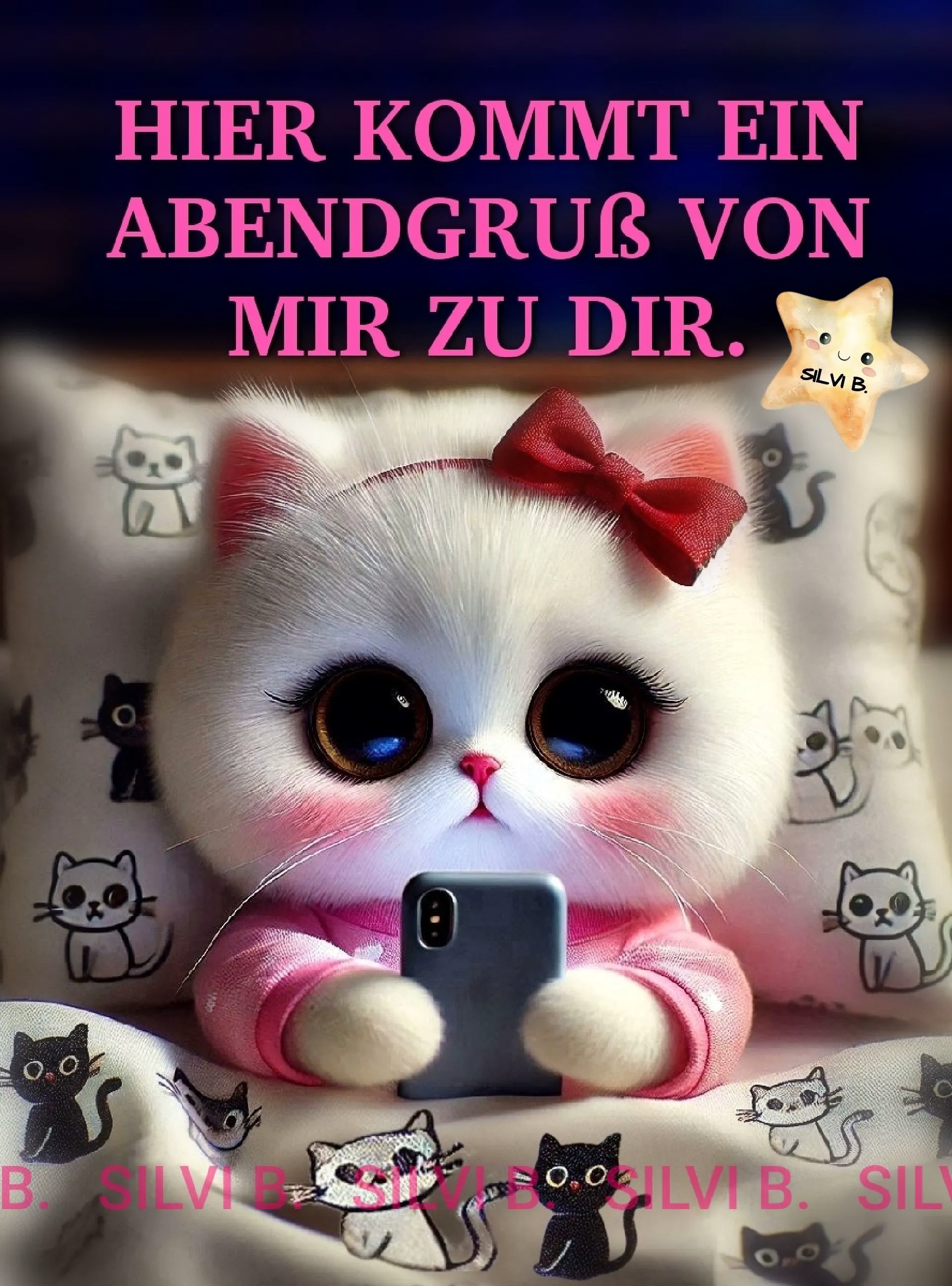 Ein niedliches, flauschiges Kätzchen mit großen Augen, roter Schleife, das auf einem Kissen liegt und ein Smartphone bedient. Es sendet einen herzlichen Guten-Abend-Gruß.